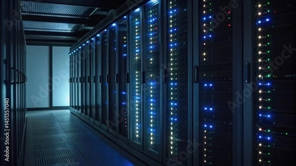 Fototapeta Server room with rows of operating rack servers and flashing led lights