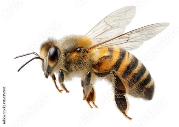 Fototapeta Honey bee flying with wings spread, isolated on transparent background, insect, nature, environment