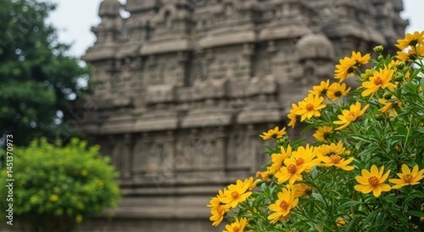 Obraz Yellow Flowers Bloom Near Ancient Stone Temple Structure