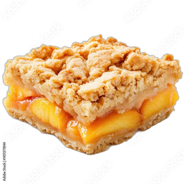 Fototapeta Slice of peach pie with crumb topping, golden crust, juicy peach filling, and peach slices on top isolated on transparent background.