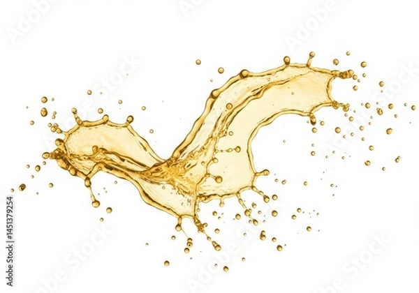 Fototapeta Golden liquid splash with droplets form isolated on white background