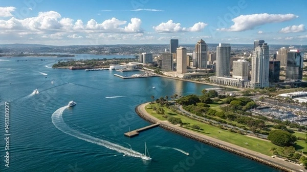 Fototapeta Aerial View of San Diego Cityscape and Harbor