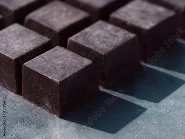Fototapeta Dark chocolate cubes arranged in perfect grid on blue surface