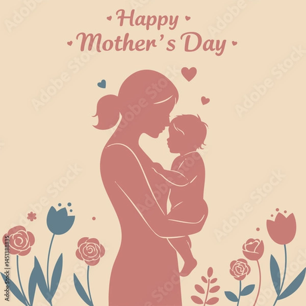 Obraz Mother and Child Silhouette with Floral Accents for Mothers Day
