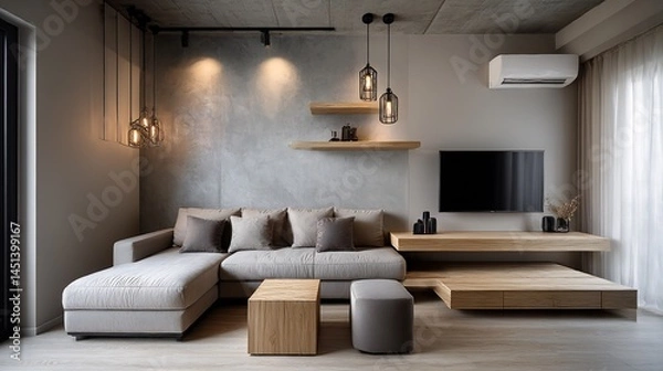 Fototapeta Serene living space with comfortable sofa, minimalist design and wooden accents