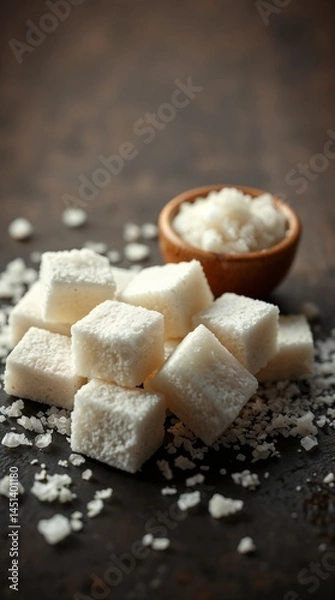 Fototapeta Sugar Cubes and Granulated Sugar on a Rustic Surface