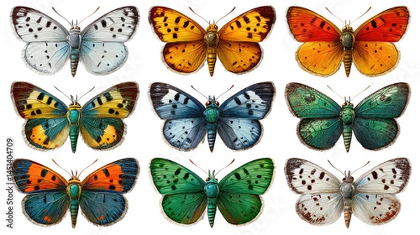 Fototapeta A Kaleidoscope of Butterflies: A vibrant assortment of butterflies showcases a symphony of colors and patterns. Each butterfly is a unique work of art.