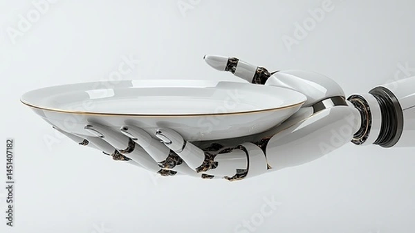 Fototapeta Futuristic Robot Hand Holding Empty Plate, A sleek robotic hand holds a white porcelain plate with gold trim, symbolizing advanced technology in food service or automation.

