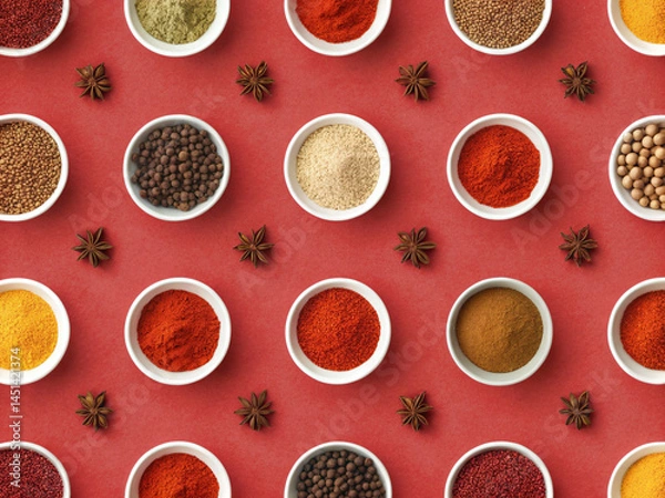 Fototapeta Spices neatly arranged at regular intervals. Spicy. Spices. Background material.