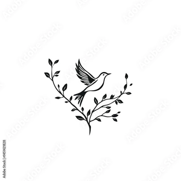 Fototapeta Elegant Bird in Flight Vector | Minimalist Black and White Design with Branch and Leaves for Logos, Illustrations, and Decorative Art