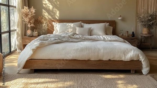 Fototapeta Serene bedroom with minimalist decor and natural sunlight creating a calming atmosphere