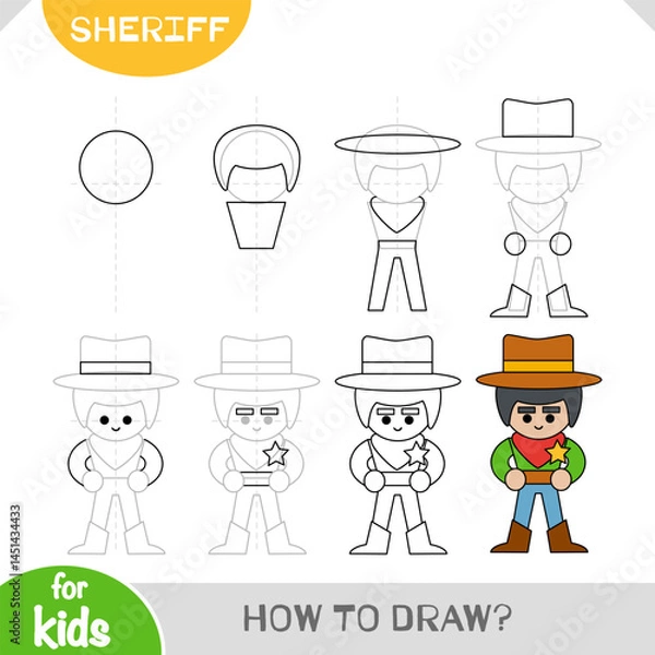 Fototapeta How to draw Sheriff for children. Step by step drawing tutorial