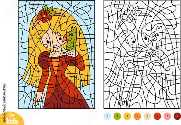 Fototapeta Color by number, education game for kids, Princess and parrot