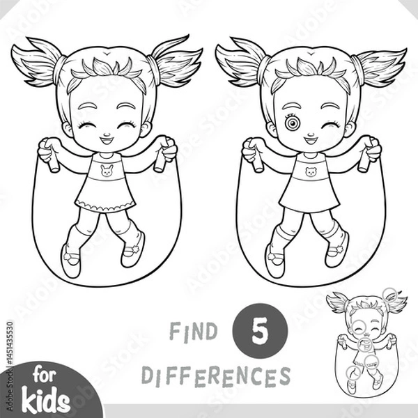 Fototapeta Cute girl jumping rope. Find differences, educational black and white game for kids