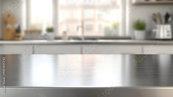 Fototapeta Empty stainless tabletop with blurred kitchen view background.