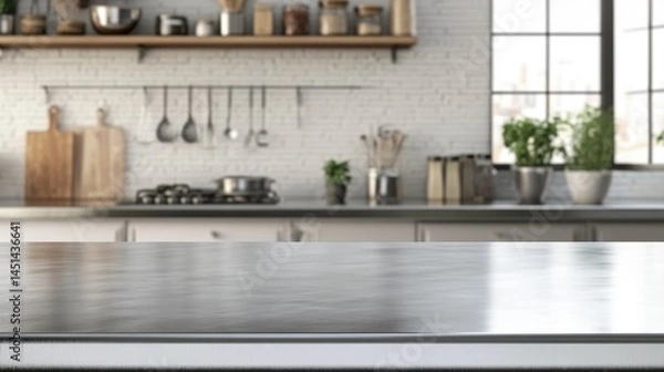 Fototapeta Empty stainless tabletop with blurred kitchen view background.