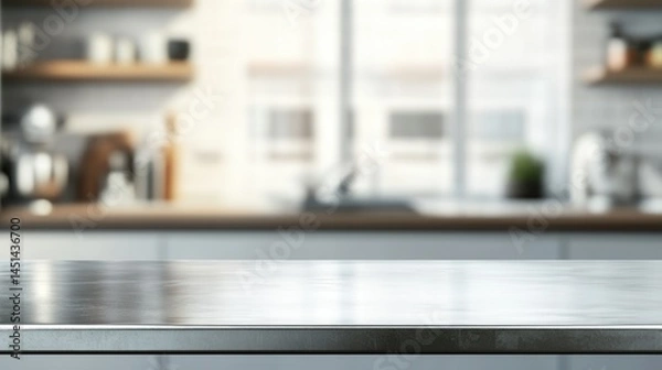Fototapeta Empty stainless tabletop with blurred kitchen view background.