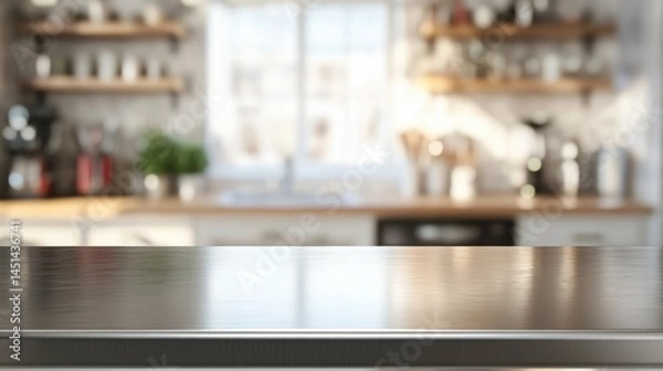 Fototapeta Empty stainless tabletop with blurred kitchen view background.
