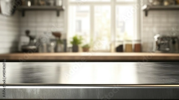 Fototapeta Empty stainless tabletop with blurred kitchen view background.