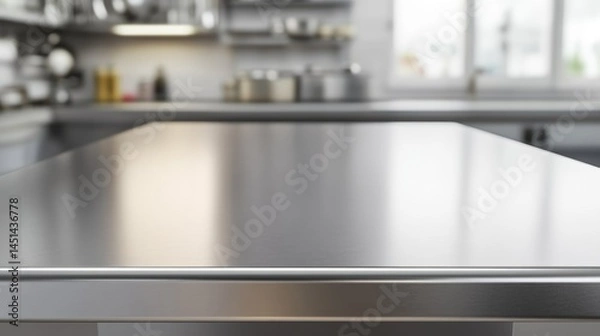Fototapeta Empty stainless tabletop with blurred kitchen view background.