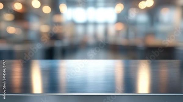 Fototapeta Empty stainless tabletop with blurred kitchen view background.