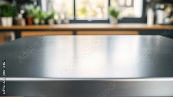 Fototapeta Empty stainless tabletop with blurred kitchen view background.