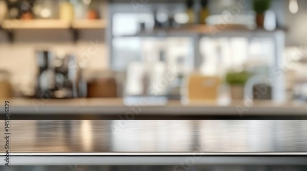 Fototapeta Empty stainless tabletop with blurred kitchen view background.