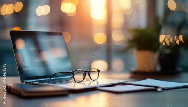 Fototapeta Photograph of a business office with a laptop and eyeglasses on a table, with a blurred background