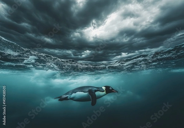 Fototapeta Photograph of an underwater shot, a penguin swimming in the Arctic Ocean, cloudy sky,