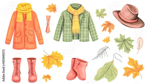 Fototapeta A set of autumn and accessories, vector illustration on a white background