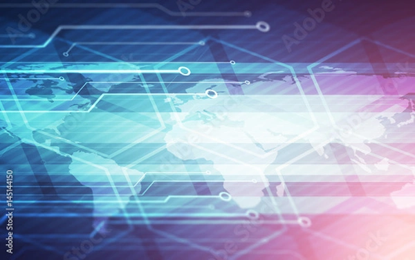 Fototapeta World map technology chip blue background