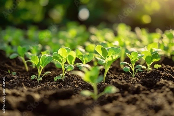 Fototapeta The sun shines on the seedlings growing in rich soil, creating an atmosphere of growth and vitality.
