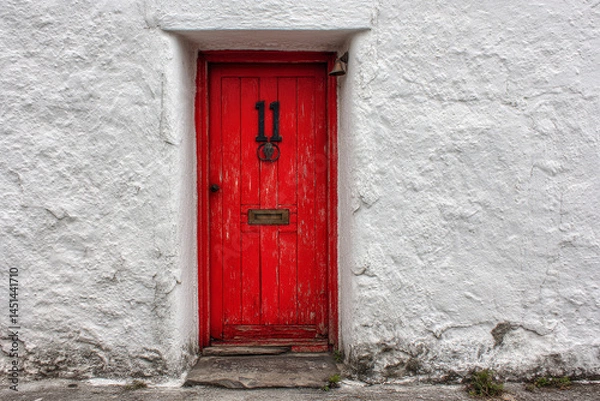 Obraz A rustic red door with a number 11 sign, set into a rough white plaster wall.