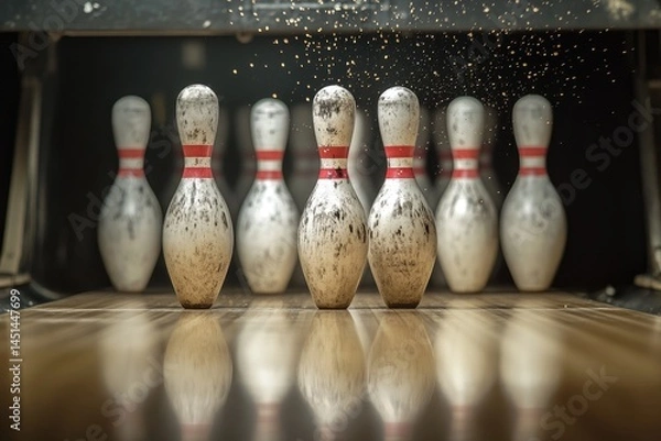 Fototapeta Close-up photograph of bowling pins being struck by a ball, with a blurry background, out-of-focus elements,