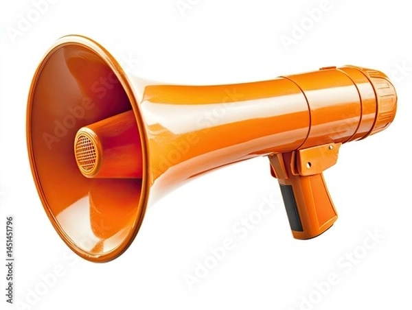 Fototapeta Orange megaphone, isolated on white background.  A large, glossy orange megaphone is angled to the right, with a wide, flared horn and a handgrip.  The megaphone appears to be made of plastic