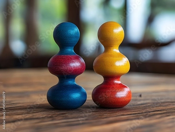 Fototapeta Three Colorful Wooden Toy Figures on Table