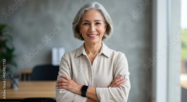 Fototapeta Confident  middle age senior Latina CEO Smiling in Office – Hispanic Businesswoman Portrait with Copy Space (Commercial Use)