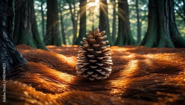 Fototapeta Pinecone Resting on Forest Floor with Sun Shining Through Trees