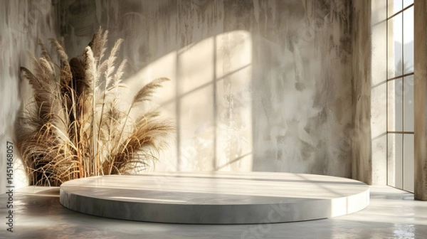 Fototapeta Empty round podium illuminated by sunlight in a modern interior.