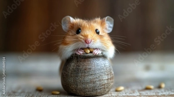 Fototapeta Delightful golden hamster sitting inside a tiny earthen pot with food