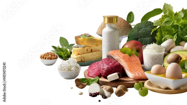 Obraz Nutritional Symphony: A vibrant and delicious collection of food and ingredients including seafood, eggs, mushroom and cheese