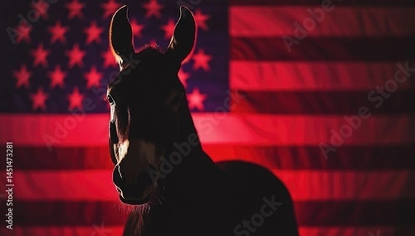 Fototapeta The silhouette of a donkey against the background of an American flag, which is blurred in black and red tones.