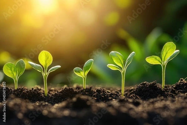 Fototapeta The sun shines on the seedlings growing in rich soil, creating an atmosphere of growth and vitality.