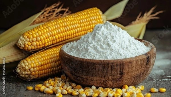 Obraz The white powder in the wooden bowl is made of cornstarch, an inflatable material, with raw,