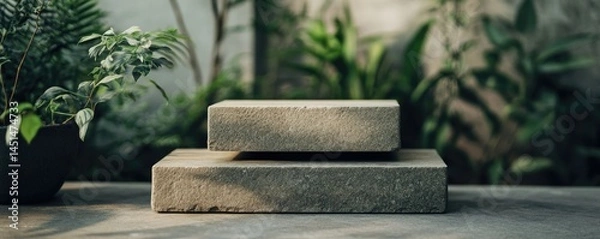 Fototapeta Three rectangular blocks of limestone stacked on top of each other, in front of plants and baskets,