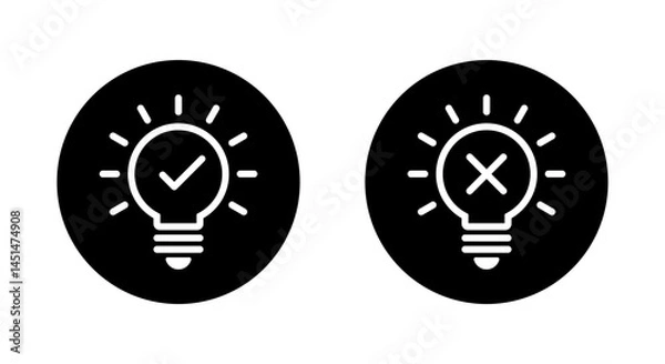 Fototapeta Light bulb with check and cross mark icon on black circle. Creativity and stagnation sign symbol