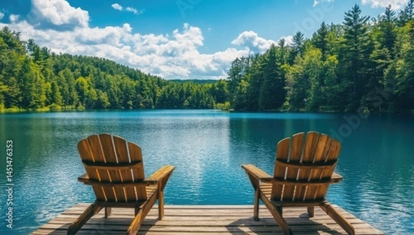 Fototapeta Two wooden chairs on the dock of a lake, facing the beautiful blue water and green trees