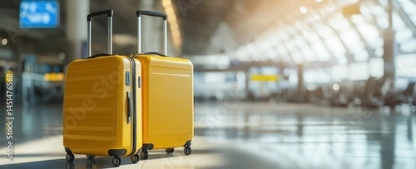 Fototapeta Two yellow travel suitcases in an airport, blurred background with copy space for text.
