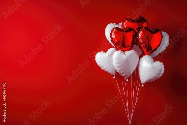Fototapeta Valentine's Day background with heart-shaped balloons on a red background. Space for text,
