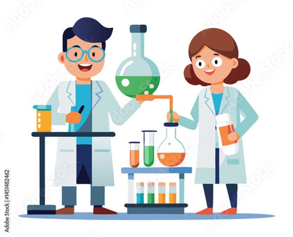Obraz Vector of scientists or workers testing chemical liquids in an industrial lab, isolated on white background.
